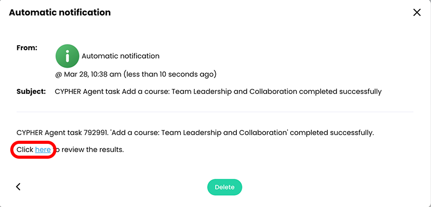 Automatic notification pop-up with Click here highlighted