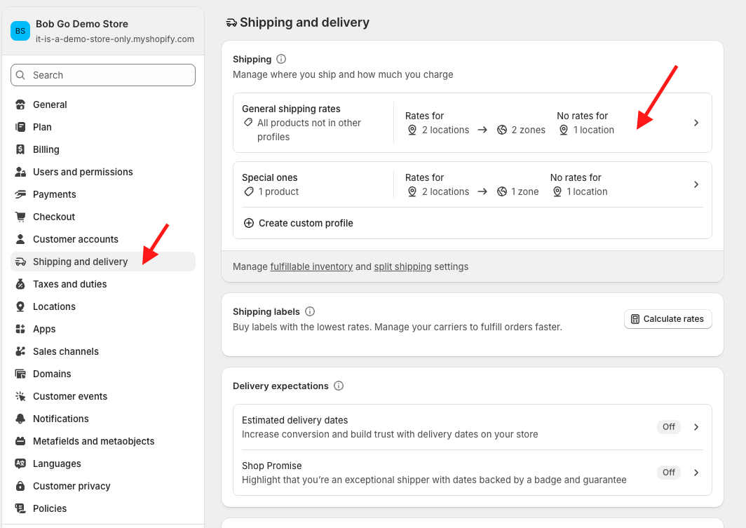 Shopify shipping and delivery settings