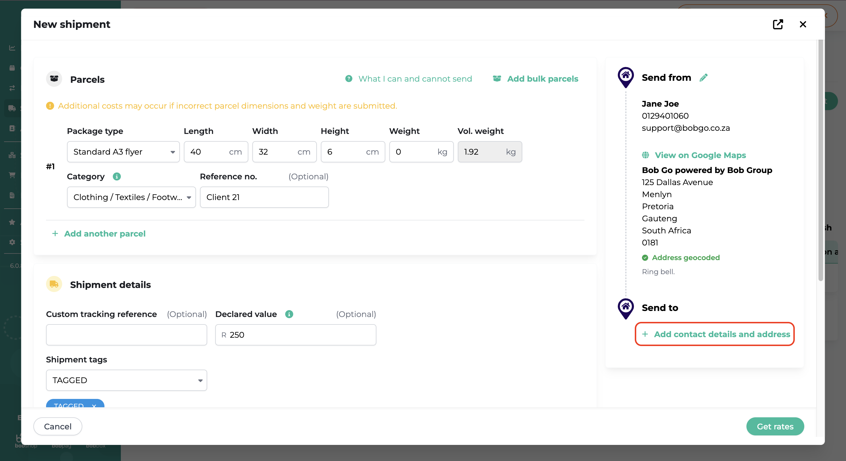 Collection address details in Bob Go