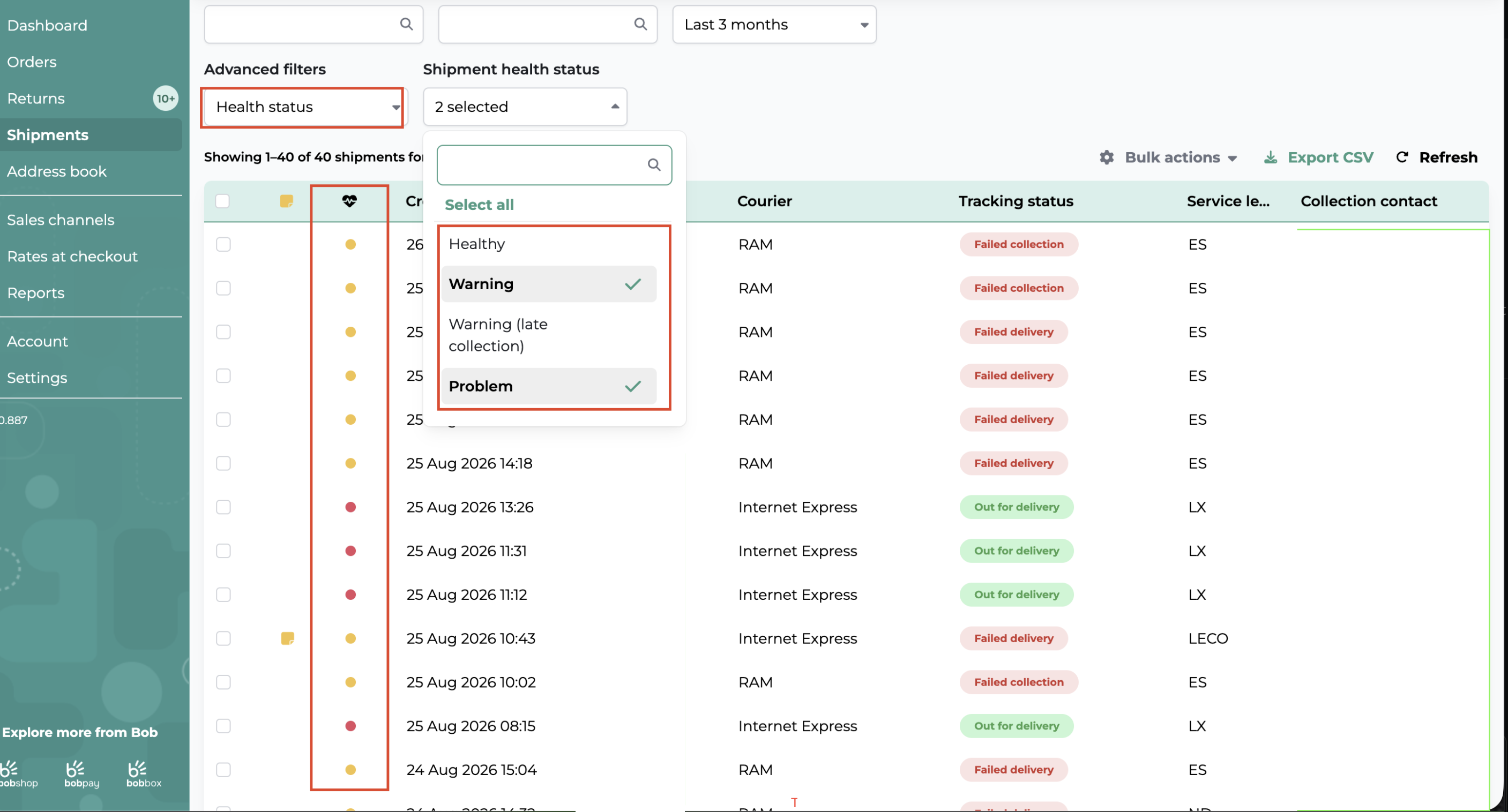 Shipment health status in Bob Go