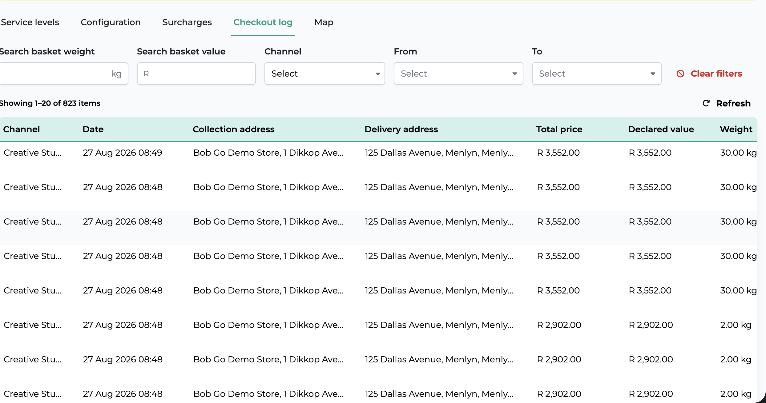 Rates at checkout history in Bob Go