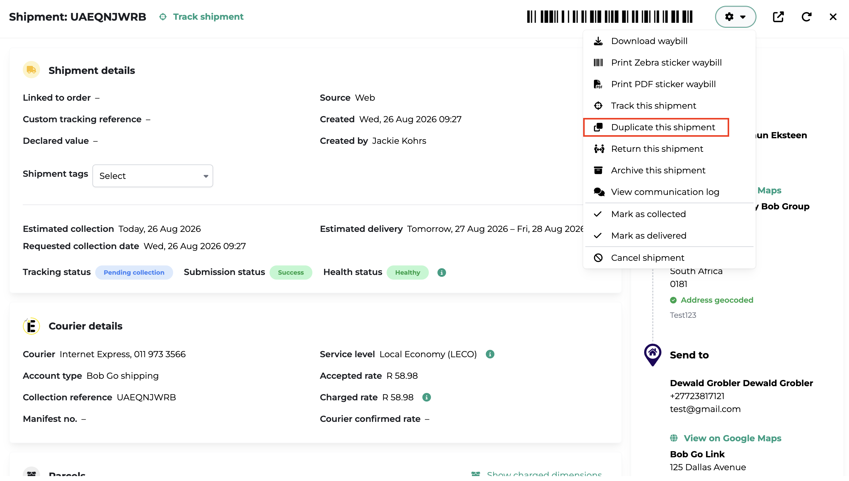 Duplicate a shipment in Bob Go