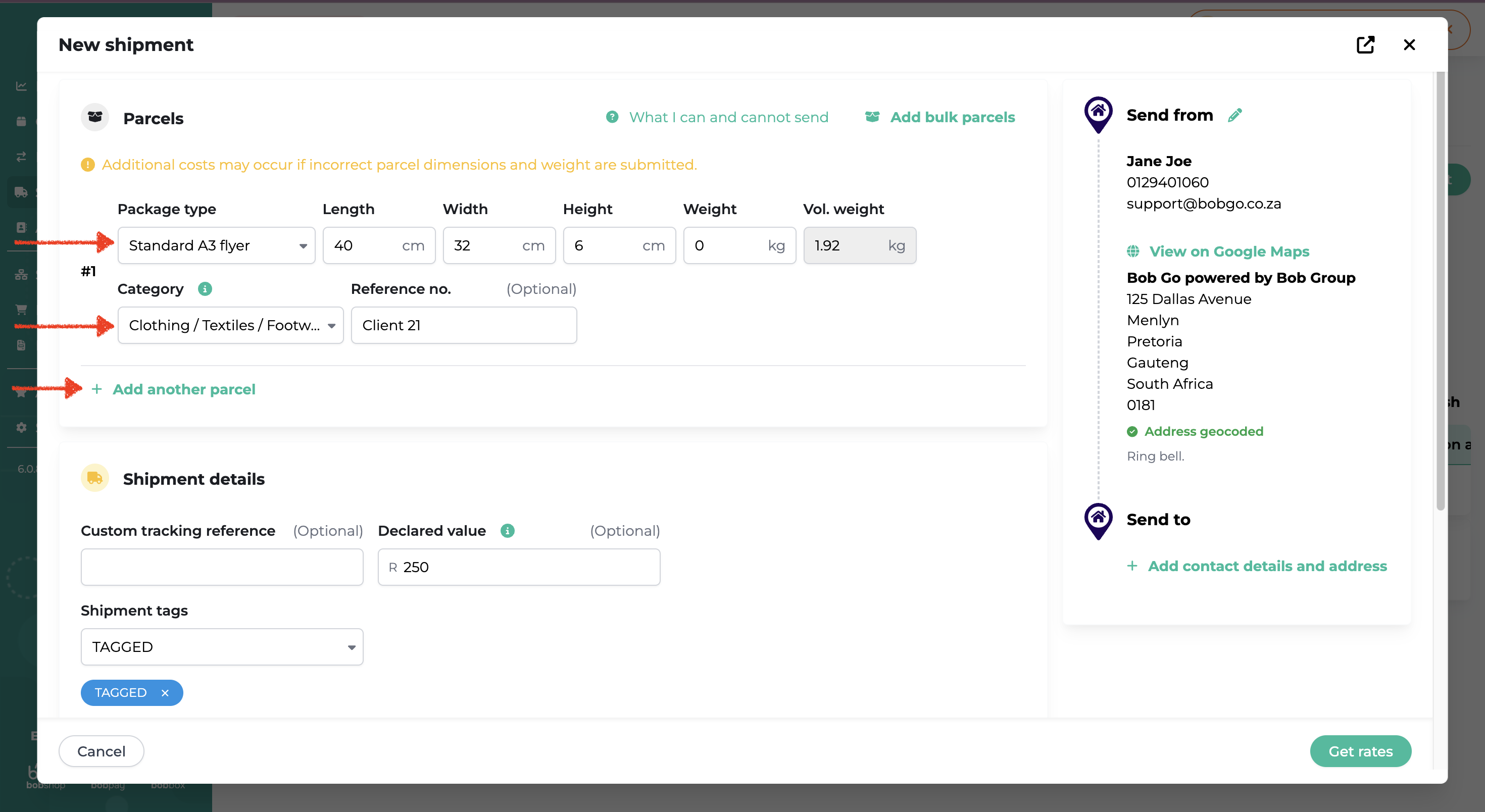 Add parcel details in Bob Go