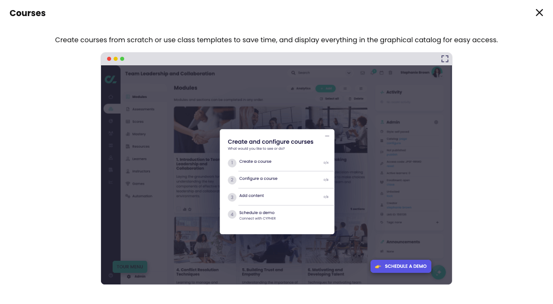 Courses guided demonstration pop-up
