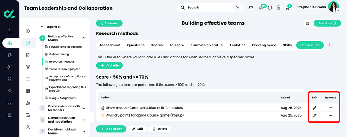 Course, Assessment, Assessment page, Score rules tab with the Edit and Remove icons highlighted for two score rule actions 