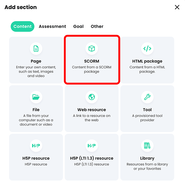 섹션 추가 팝업, SCORM이 강조 표시된 콘텐츠 탭