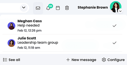 Top right menu with the Messages menu active