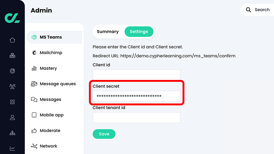 CYPHER platform, MS Teams, Settings tab with the Client secret entered and highlighted