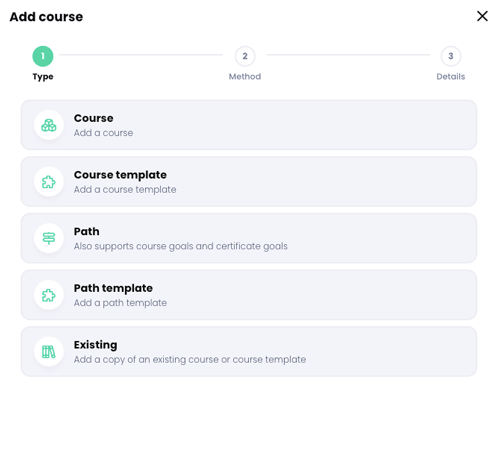 Add course pop-up, Type step, with Course highlighted