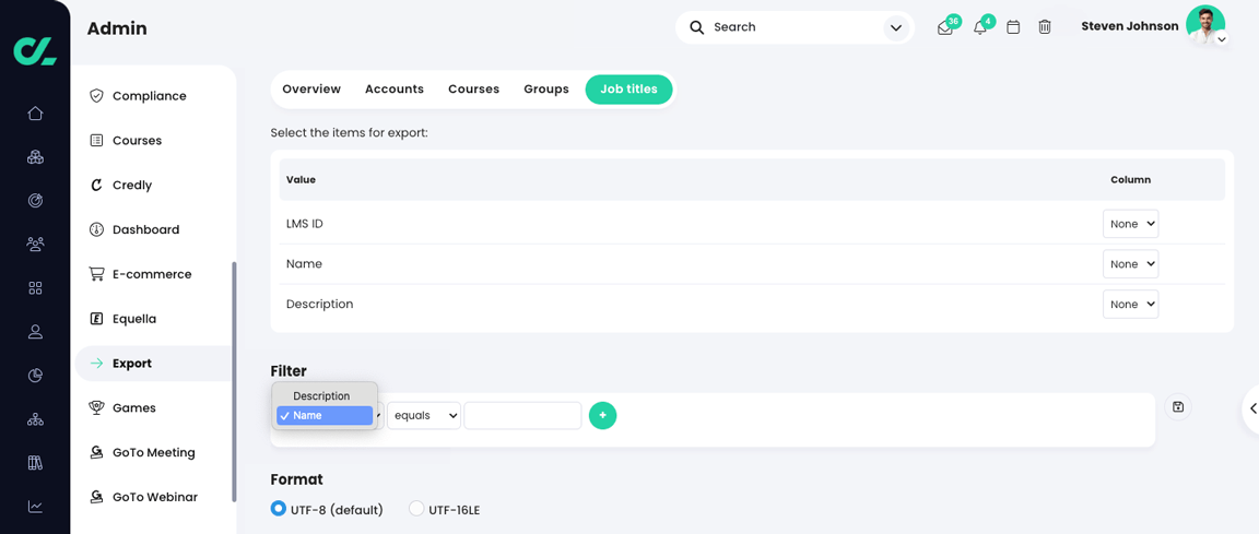 Export, Job titles tab with a filter being added with the first filter  drop-down menu active 
