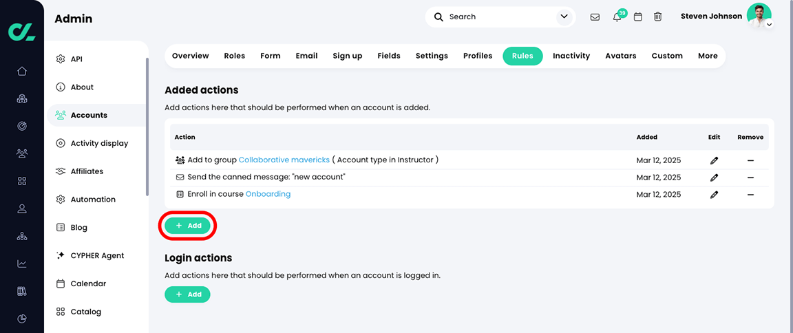 Admin, Accounts, Rules tab with the Add button highlighted in the Added actions section