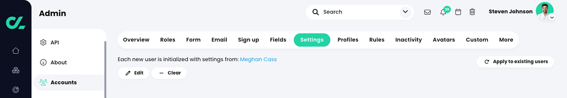 Admin, Accounts, Settings tab with a user selected as the default user profile