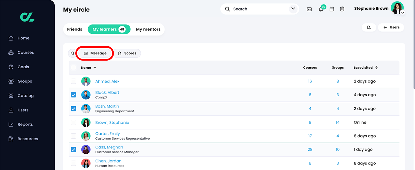 Users, My learners tab with two learners selected and the Message button highlighted