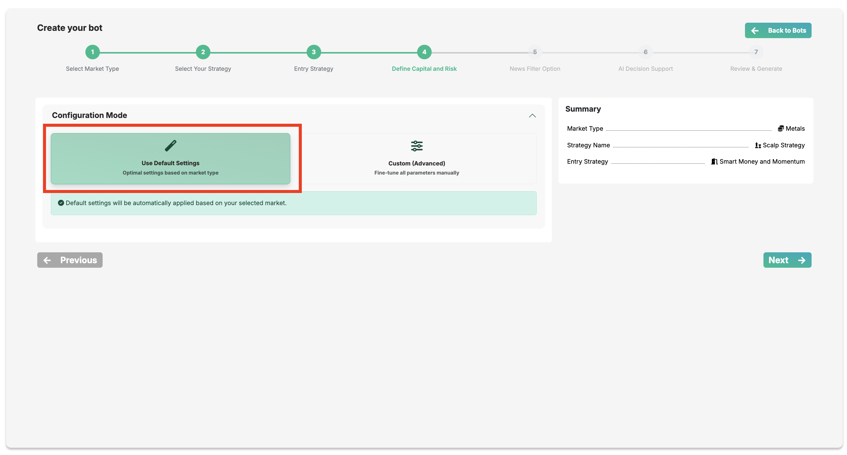 Default setting XAUBOT
