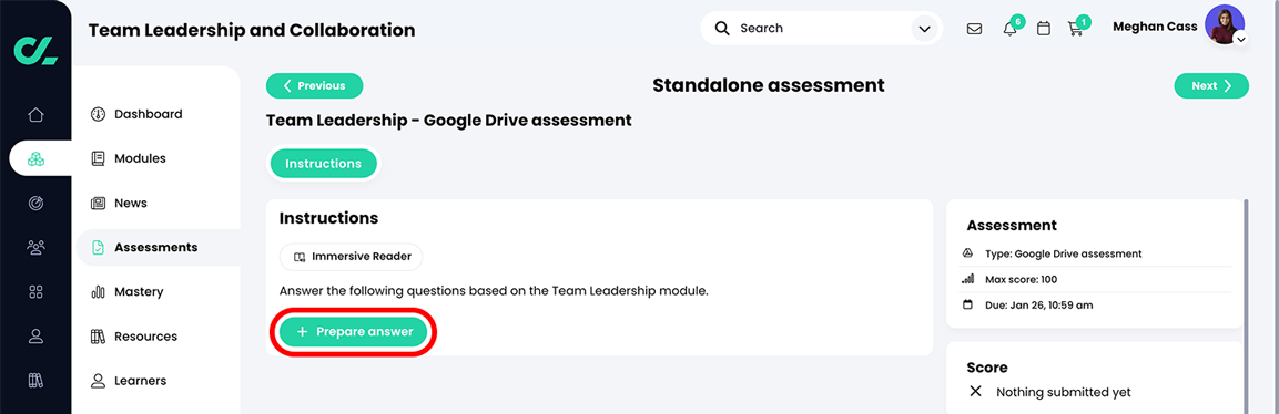 Learner view, Course, Assessments, Google Drive assessment with the Prepare answer button highlighted
