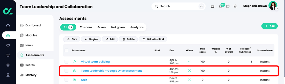 Course, Assessments with a Google Drive assessment highlighted