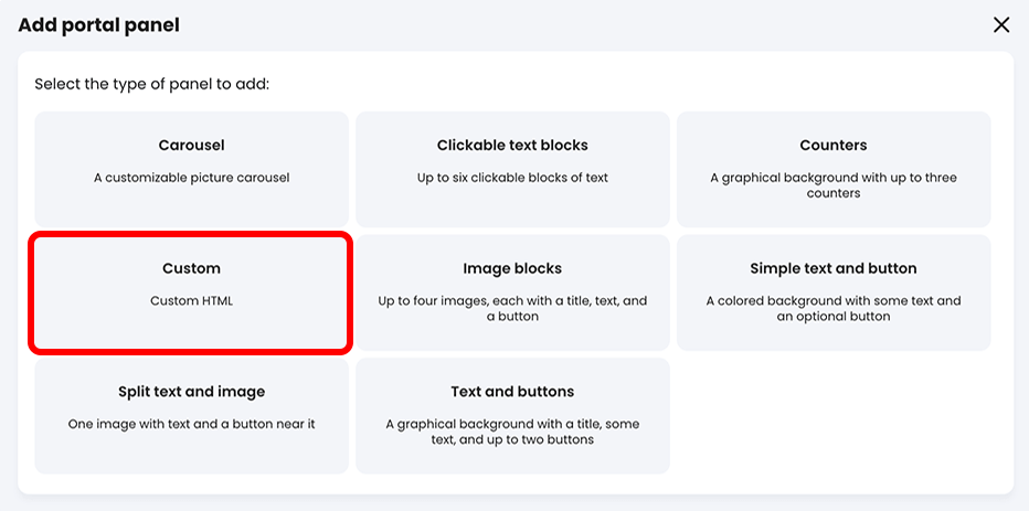 Add portal panel pop-up with the Custom button highlighted