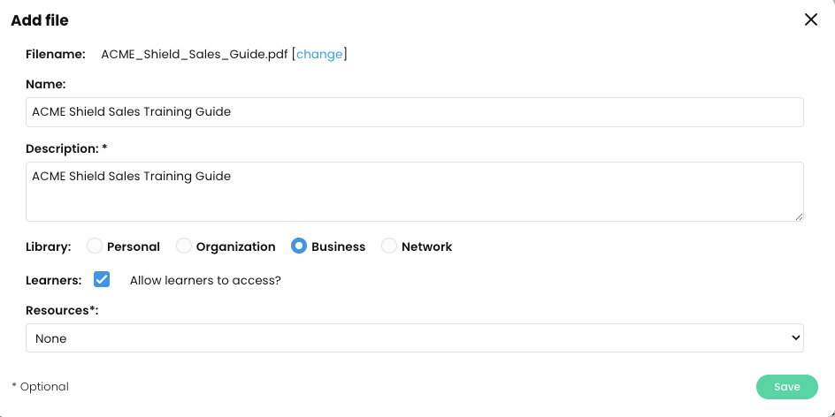 Add file pop-up with a pdf uploaded, Business selected as the library, and the Allow learners to access checkbox selected