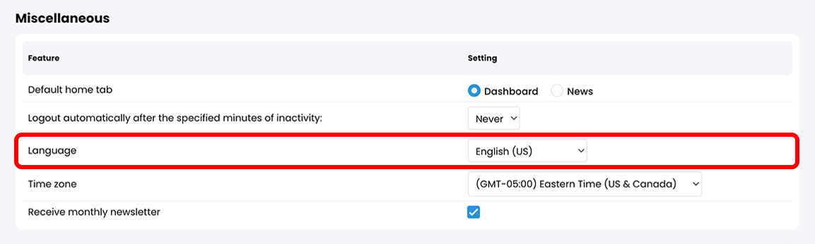 Administrator profile Settings page, Miscellaneous section with the Language setting highlighted