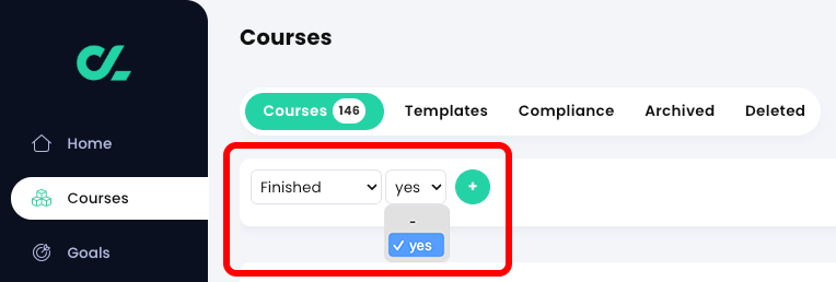 Courses, Courses list with the finished filter highlighted and the second filter drop-down menu active