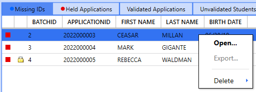 Close up of the Missing IDs list with a student highlighted and the context menu open.