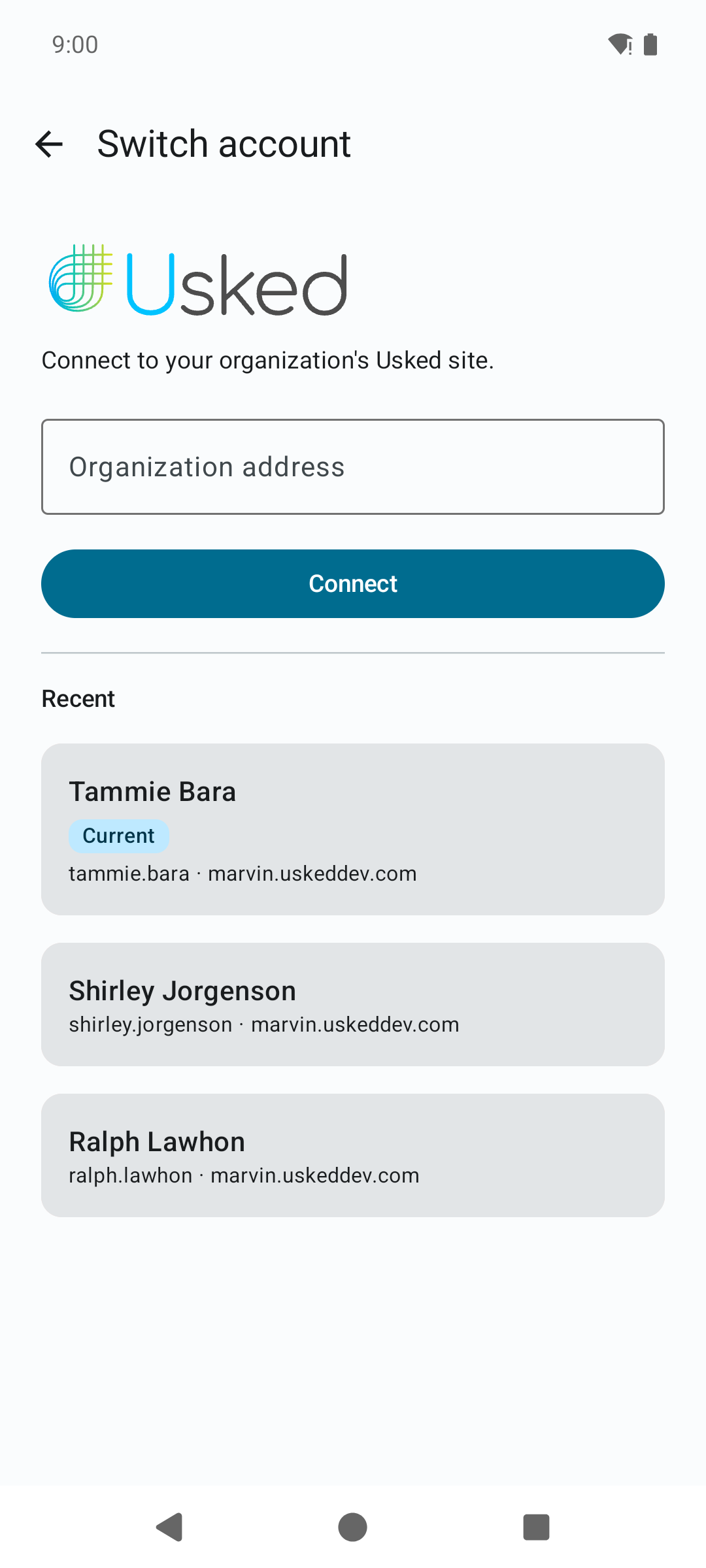 The Switch account screen listing three saved accounts on the same organization site, the first marked with a Current chip, with an Organization address field and Connect button above for adding another account.