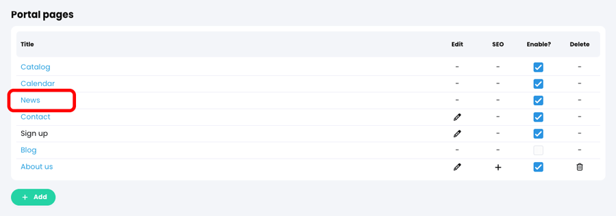 Admin, Portal, Visitor view tab, Portal pages section with the News page highlighted