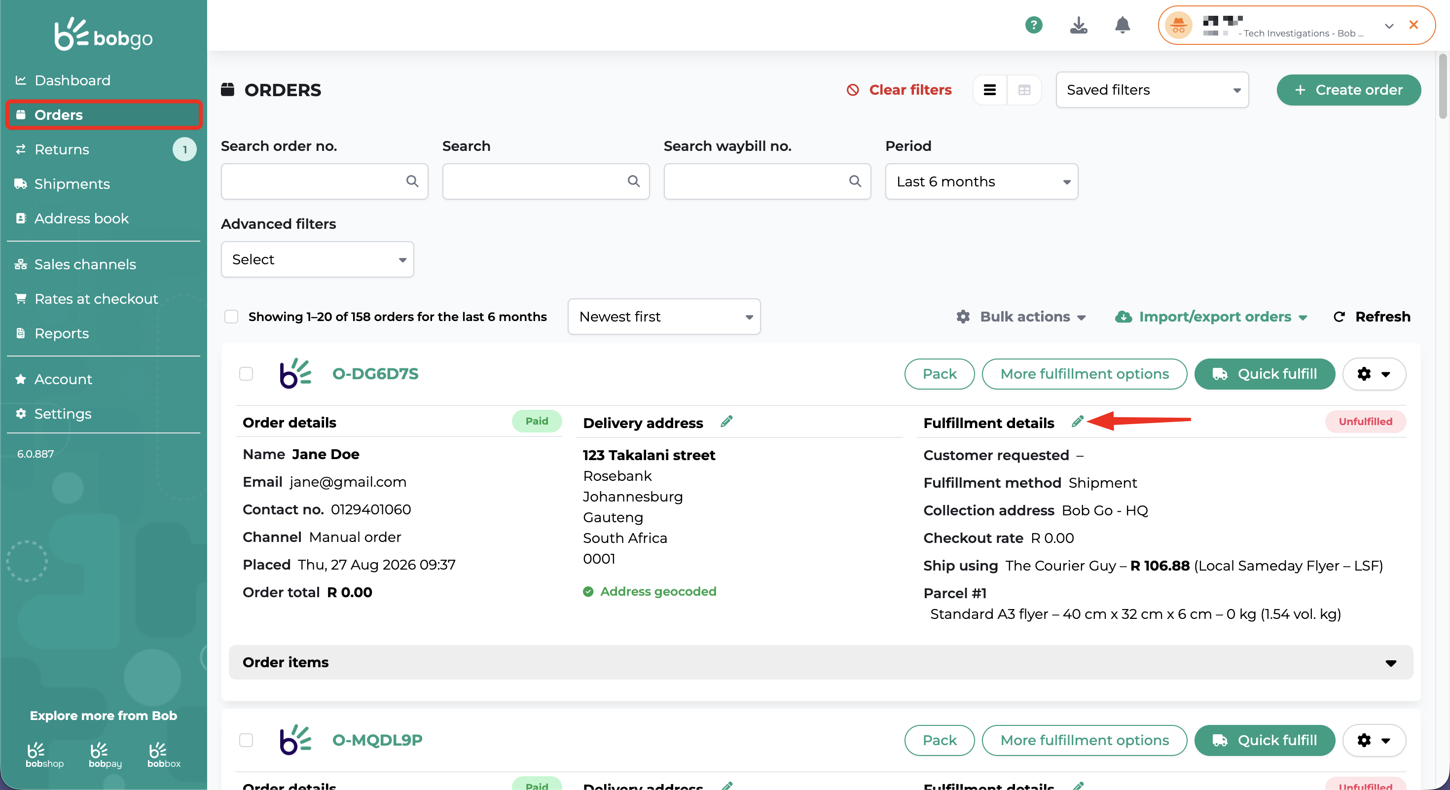 Edit fulfillment details on an order in Bob Go