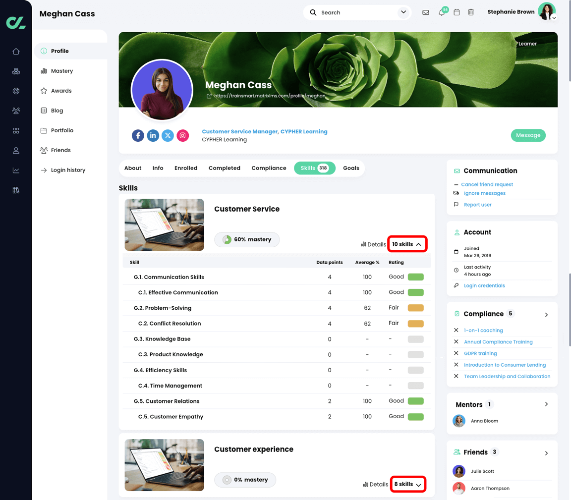 Learner profile from an instructor point of view, Skills tab with the skills drop down arrows highlighted for two courses