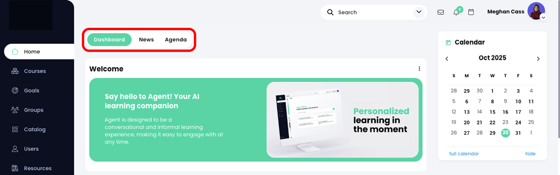 Learner home page dashboard with the Dashboard, News, and Agenda tabs highlighted