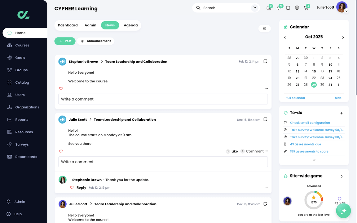 Home, News tab displaying the latest news feed postings