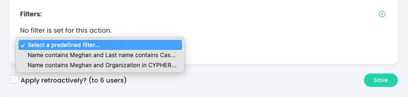 Award badge pop-up showing the predefined filters drop-down
