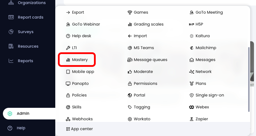 Admin menu active with the Mastery button highlighted