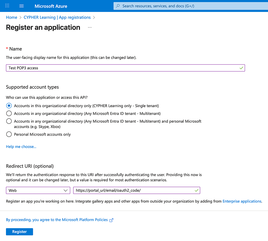 Microsoft Entra ID, App registrations, Register an application page with an example name and Redirect URI entered