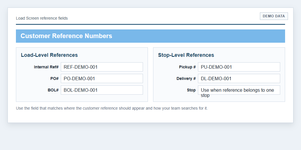 Demo load reference fields for Internal Ref, PO, BOL, Pickup, and Delivery numbers
