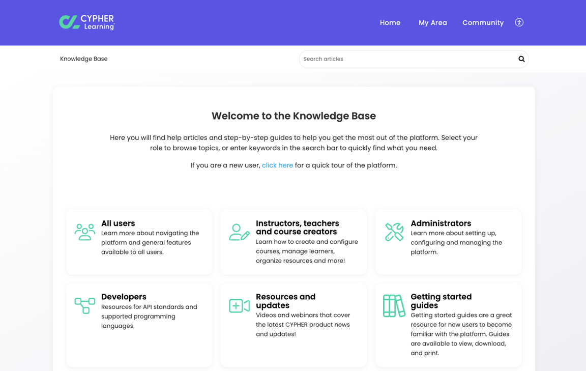 Knowledge base home screen