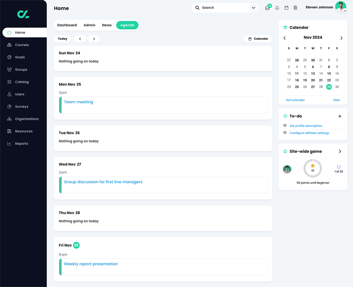 Home, Agenda page showing upcoming events by day