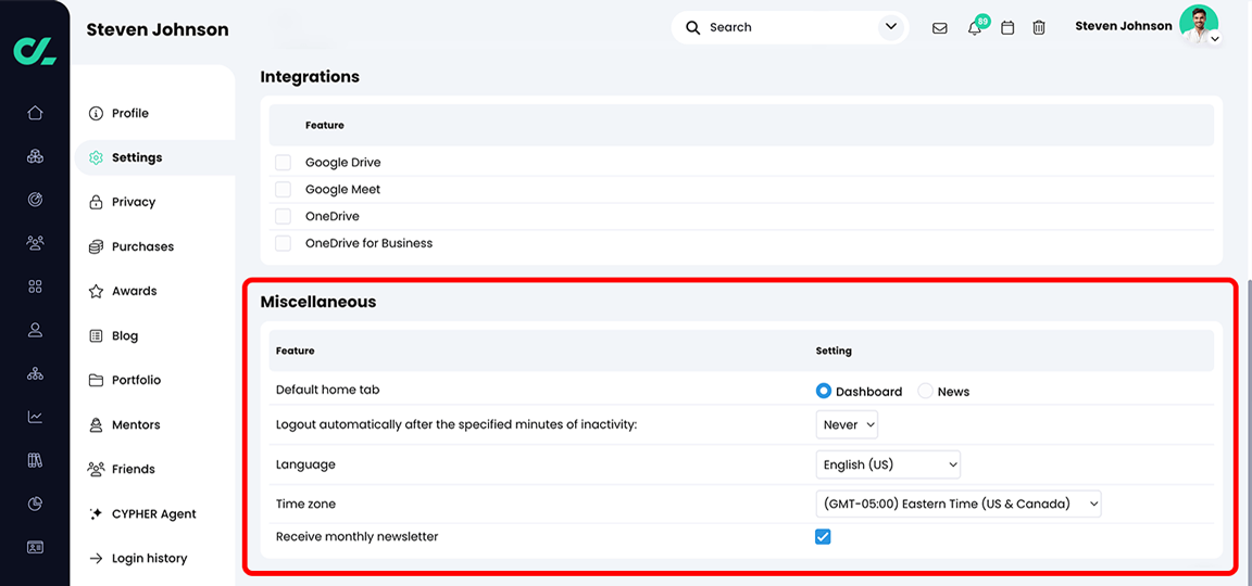 User profile, Settings, with the Miscellaneous section highlighted