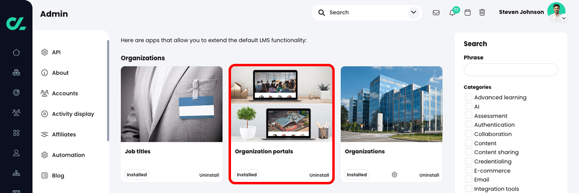Admin, App center with the Organization portals app tile highlighted in the Organizations section