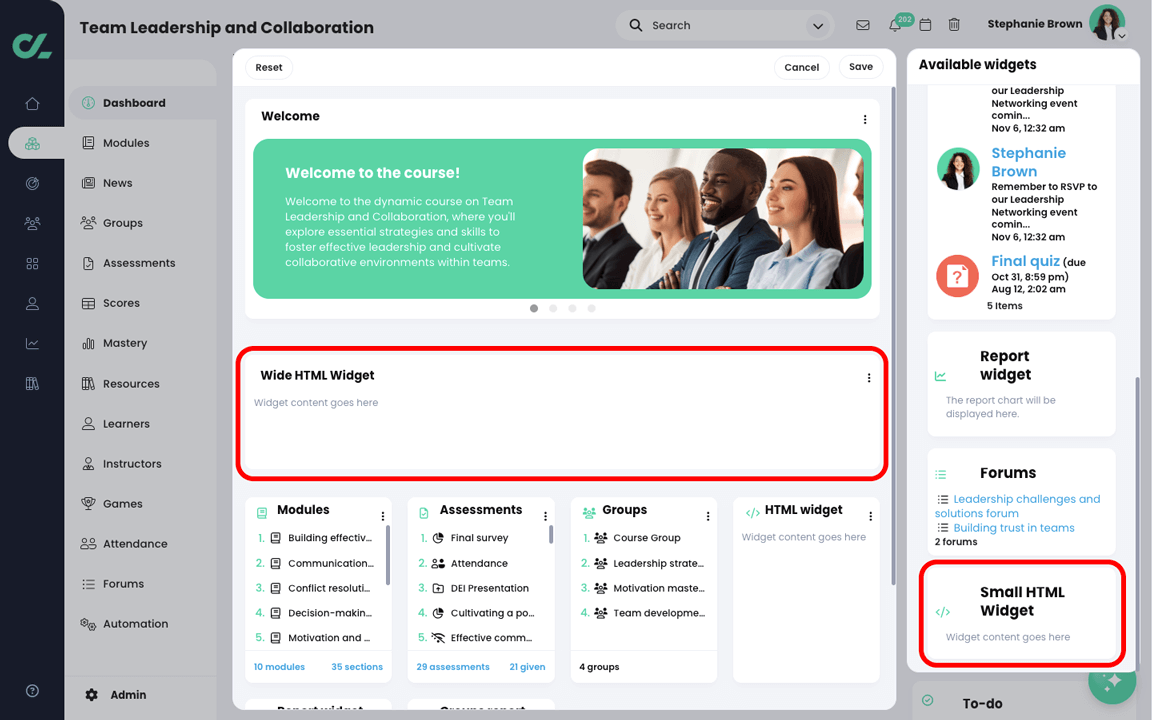 Edit dashboard screen with the Wide HTML widget highlighted in the center panel and the Small HTML widget highlighted in the Available widgets column