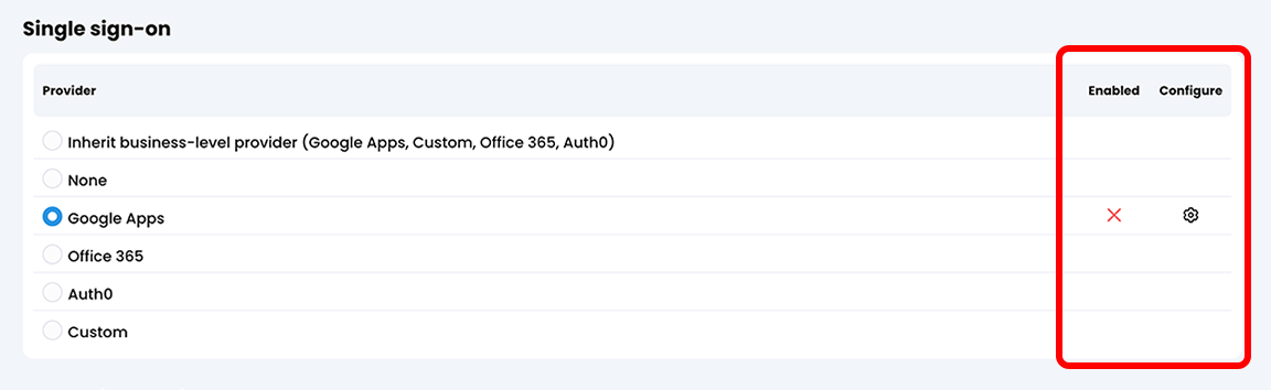 Organization, Portal, Single sign-on section with Google Apps selected as a provider and the Enabled and Configure columns highlighted