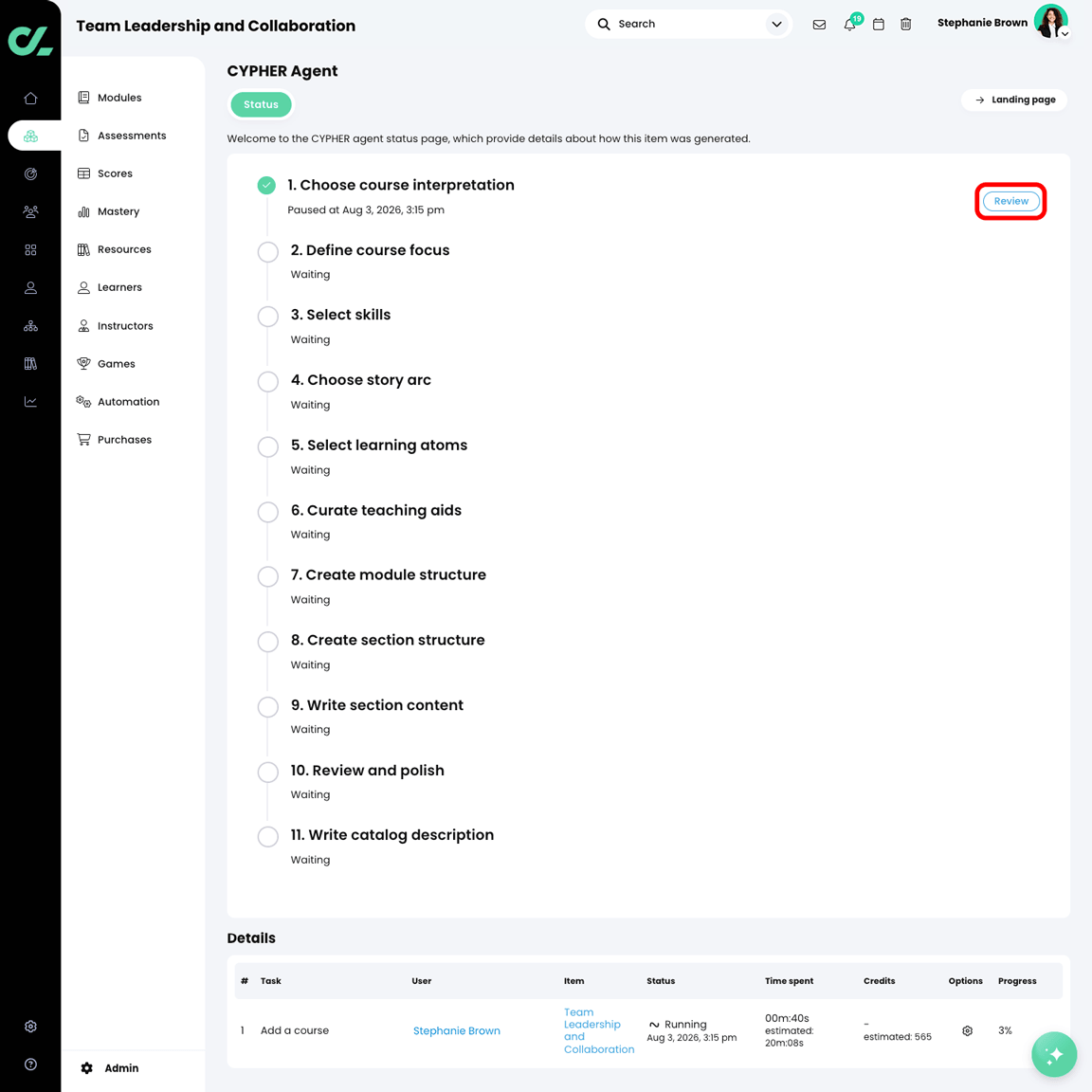 CYPHER Agent status page with the Review button highlighted in the Choose course interpretation section