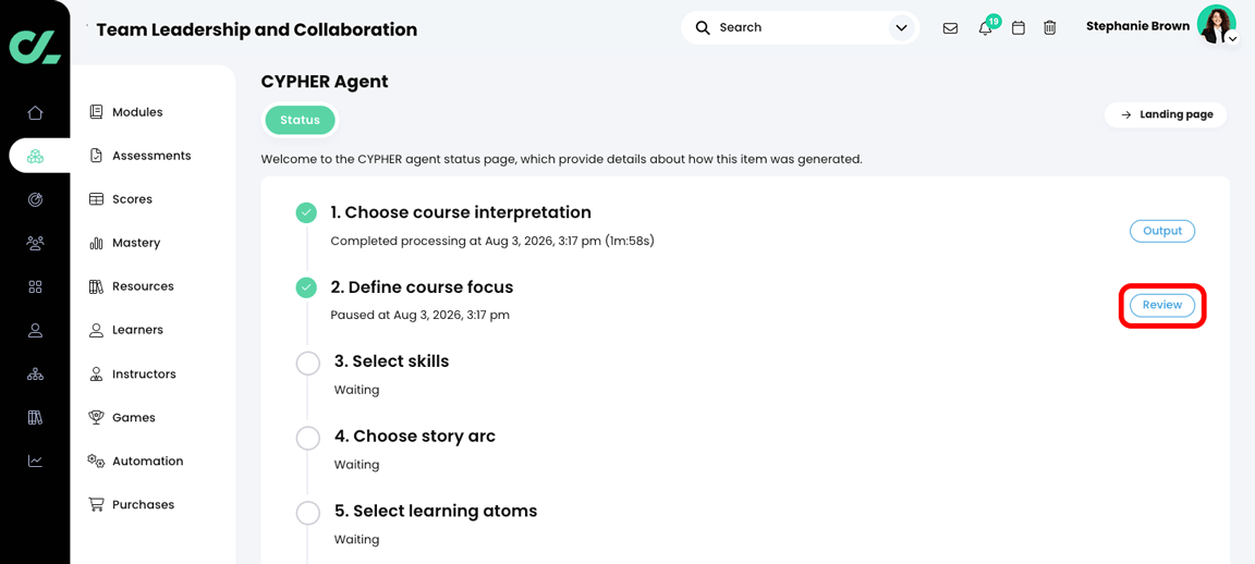 CYPHER Agent status page with the Review button highlighted in the Define course focus section