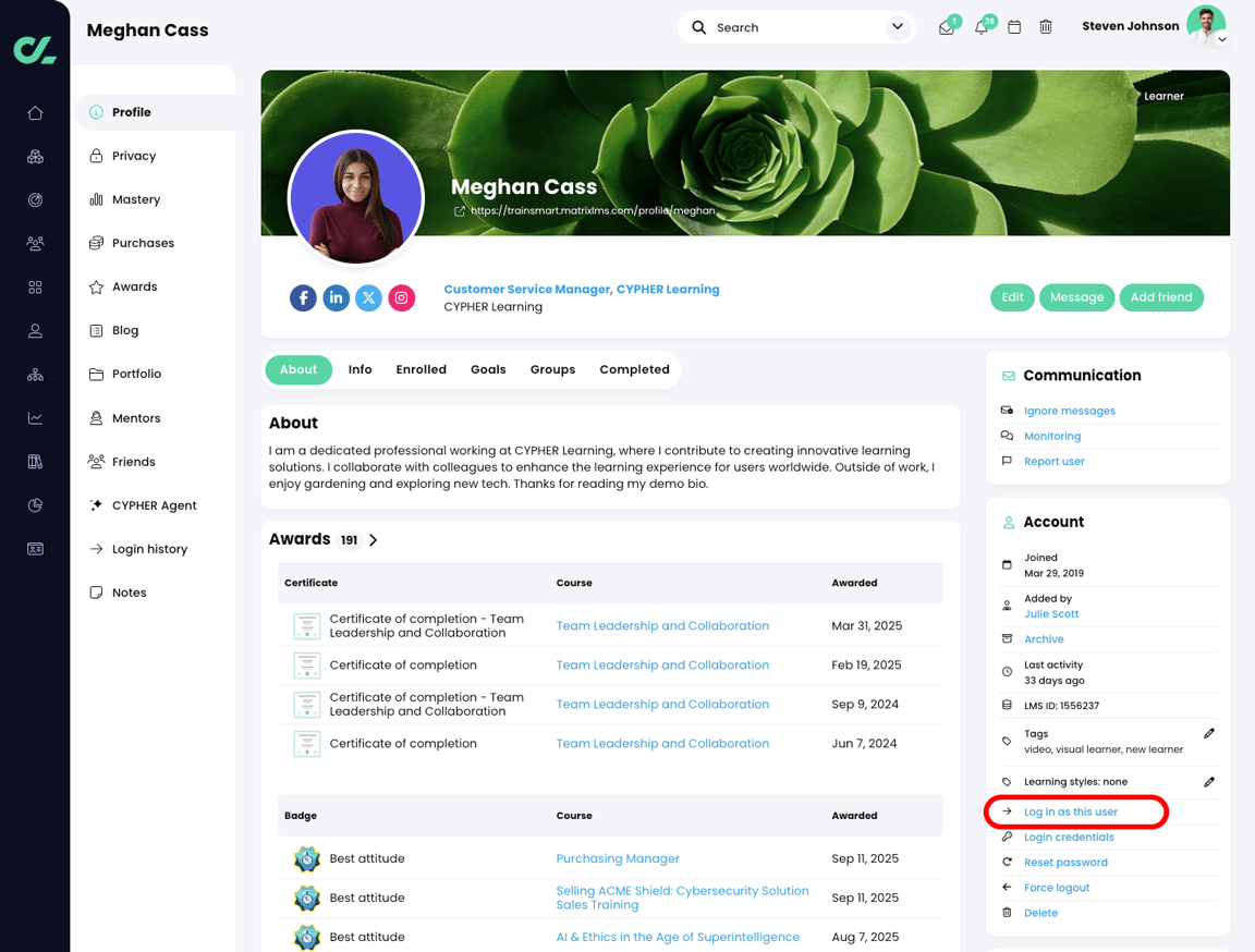 User profile with the Log in as this user button highlighted in the Account widget
