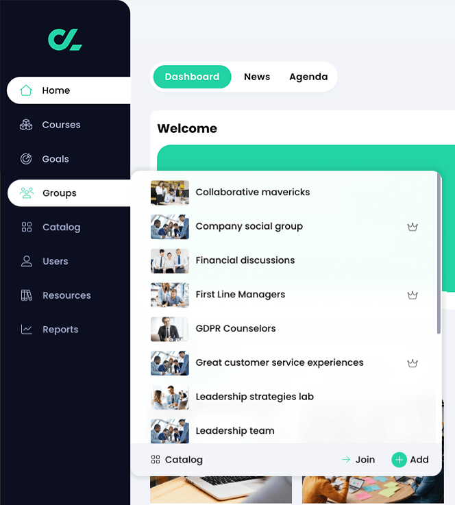 Left bar navigation showing the open Groups fly-out