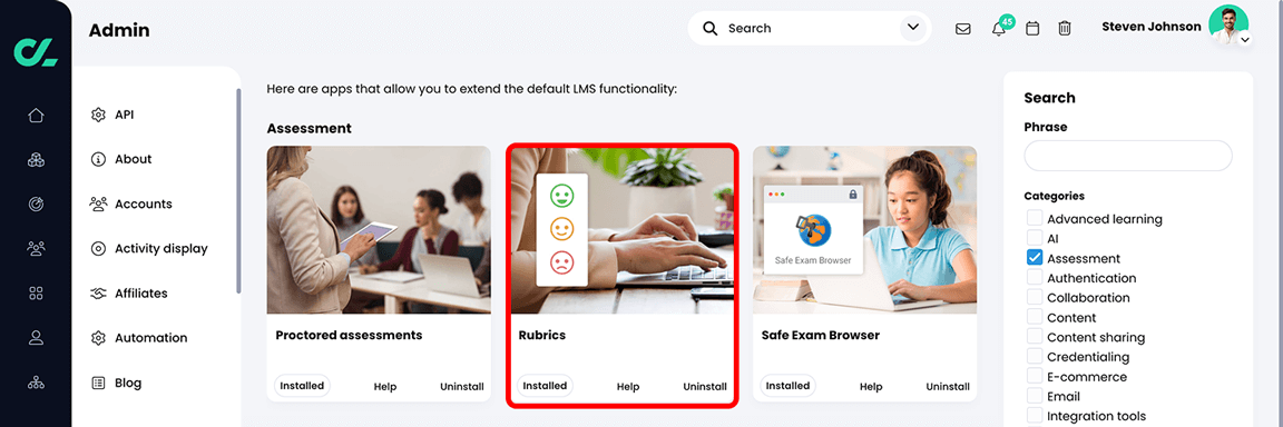 Admin, App center with the Rubrics app highlighted in the Assessment section