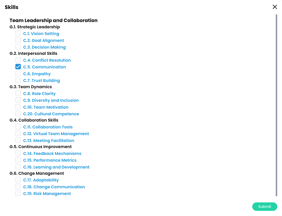 Skills pop-up with a skill selected