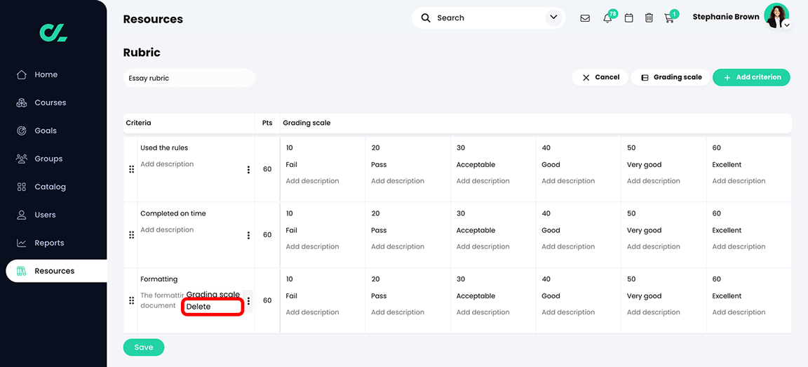 Resources, Rubric with the More menu active for a criterion cell and the Delete button highlighted on the menu