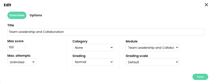 Edit SCORM assessment pop-up, Overview tab