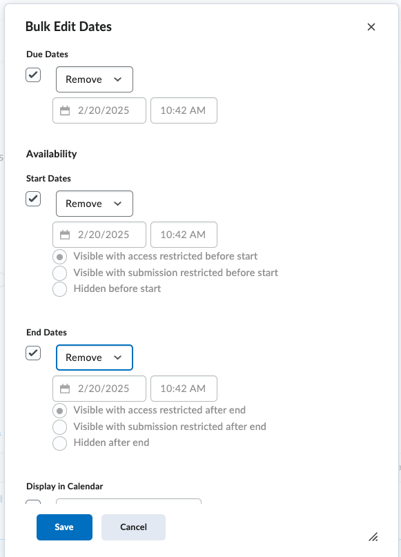 bulk edit dates window with remove selected for due date and availability dates